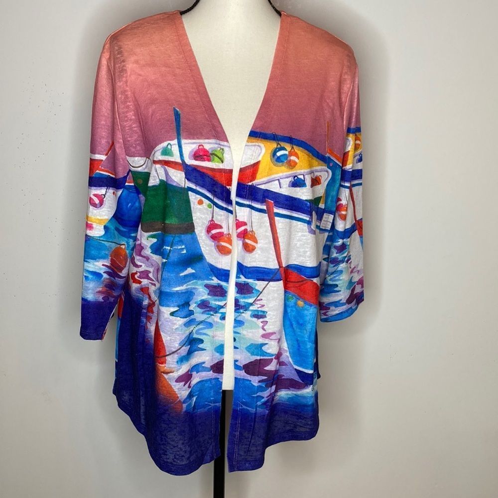 Ellen Negley Sweater Multicolored Whimsical Boat Theme Sweater